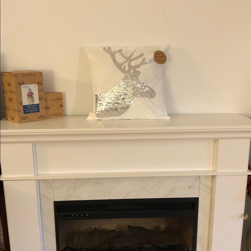 White Pillow with Silver Sequin Reindeer